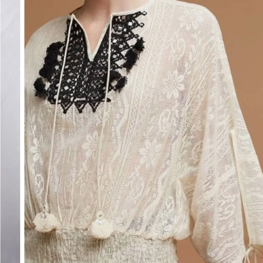Anthropologie Vineet Bahl Iona Peasant Top Cream Lace Crochet M